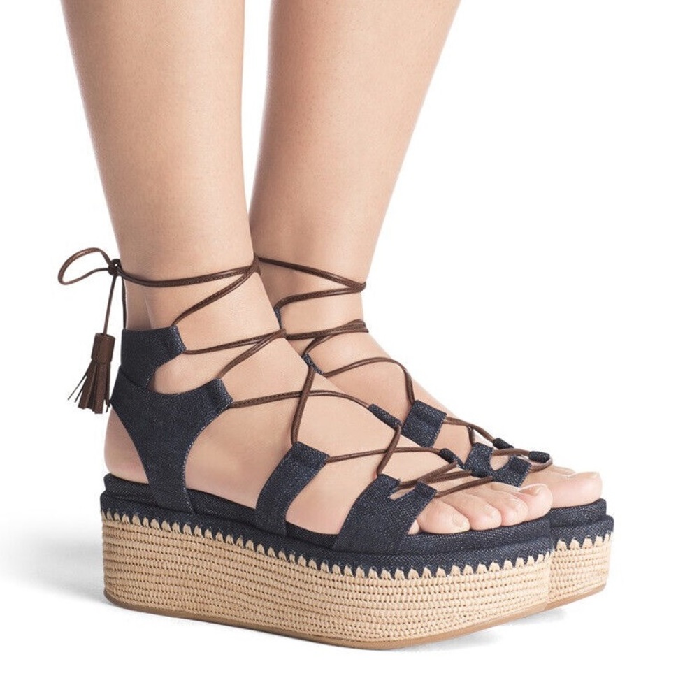 STUART WEITZMAN DENIM WEDGE GLADIATOR PLATFORM LACE SANDAL SZ 7.5